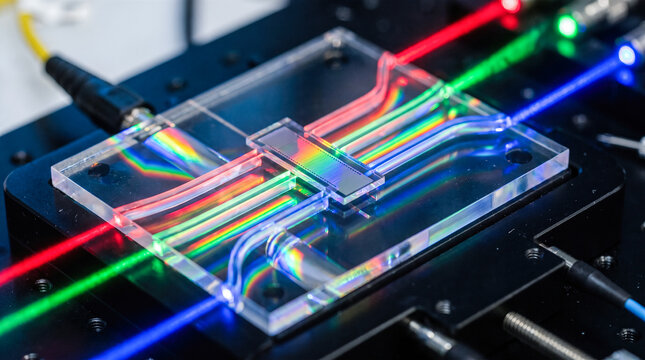 Transparent rectangular microchip channeling bright red green blue laser light beams through complex internal pathways connected to external optical fiber cables