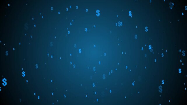 Abstract financial background, with floating dollar, signs, digital currency, concept, blue money, motion for business presentations