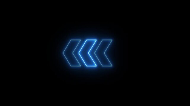 Neon blue glowing double arrow sign pulsing on black background, for digital interface, and navigation