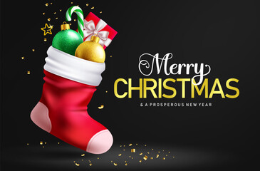 Santa Claus Sock clipart design. Merry Christmas and Prosperous New year black greeting card template clip art with Santa sock containing glitter xmas bauble, gift box and gold confetti festive  © Zeinous