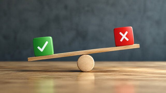 Checkmark and cross mark blocks balancing on a wooden seesaw scale concept.