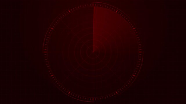 Red digital radar screen scanning interface, futuristic hud technology background, sonar