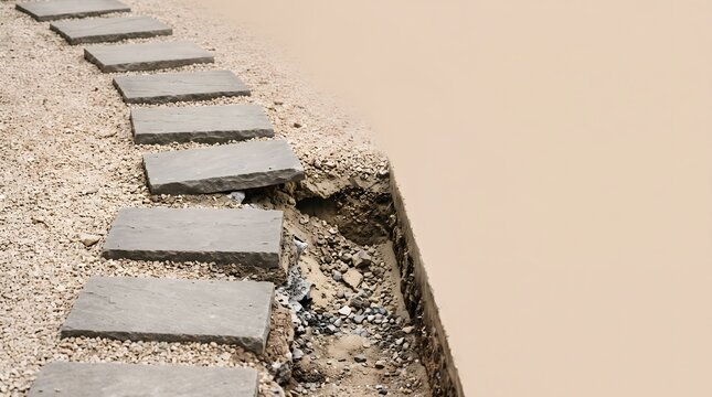 Stepping stone path with hidden unstable ground revealed through cutaway edge, invisible illness and unseen instability concept art horizontal with copy space