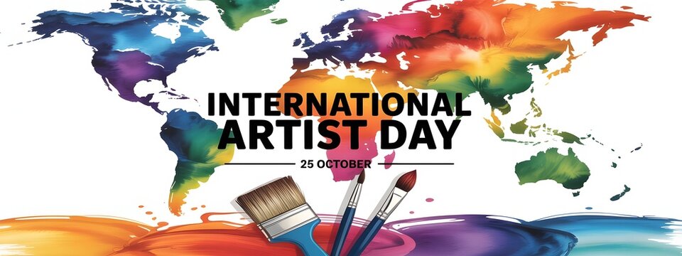 International Artist Day October 25th banner featuring colorful global artwork, paintbrushes, and palettes celebrating visual creativity, artistic talent, cultural diversity, and inspiration across th