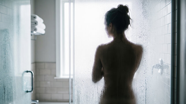 Female taking shower behind steamy wet glass door showing obscure dark silhouette shadow standing inside modern white tiled bathroom interior