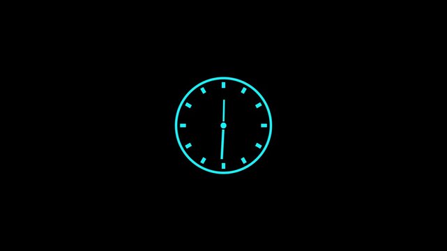 Neon blue analog clock face spinning fast motion time lapse animation watch