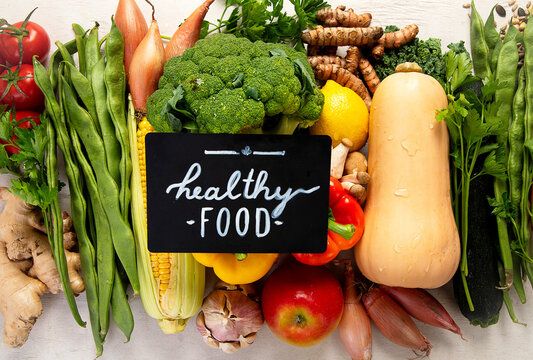 Fresh raw vegetables and fruits.