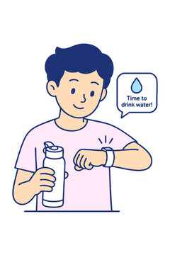 Young Man Holding Water Bottle Checks Smartwatch Reminder to Drink Water