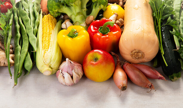 Fresh raw vegetables and fruits.
