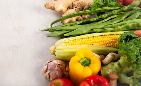 Fresh raw vegetables and fruits.