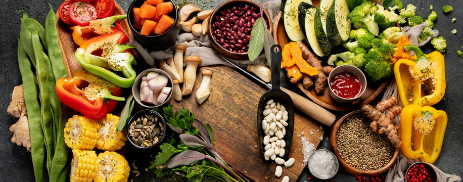Assortment of colorful fresh vegetables for cooking.