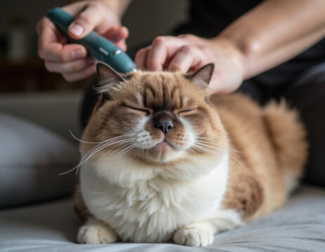 Cute Fluffy Cat Closing Eyes with Pleasure Getting Head Massaged by Owner Using Electric Massager Device