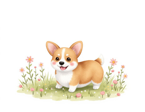 Cute Watercolor Welsh Corgi Puppy Standing in Green Grass Flower Garden Isolated on White Background