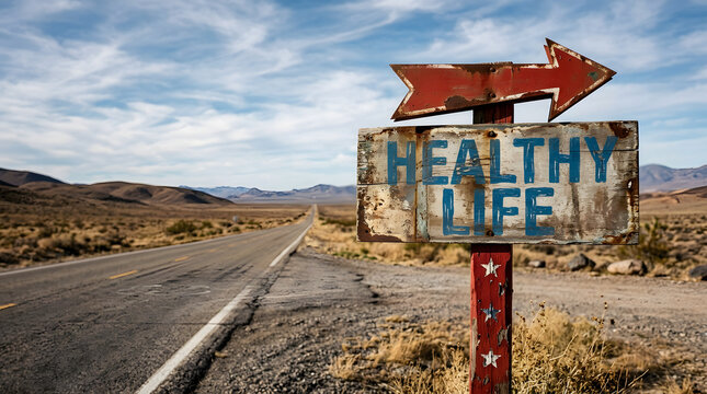 Weathered road sign pointing to healthy life in desert landscape