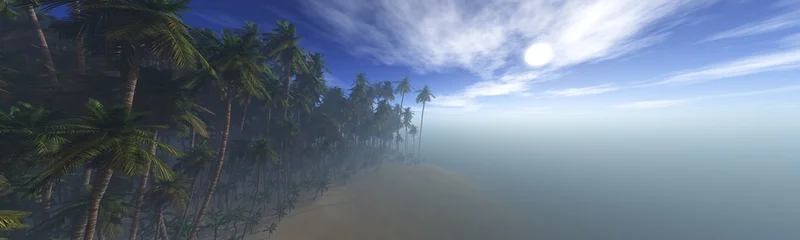Wild shore with palm trees, wild Indian beach, palm trees in the mist at sunrise, 3D rendering. © ustas
