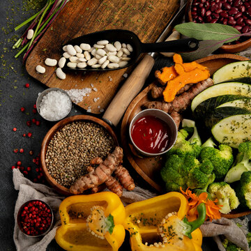 Assortment of colorful fresh vegetables for cooking.