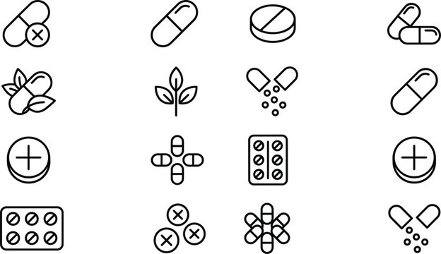 Medical line icon collection featuring organic pills capsules herbal medicine blister packs cross symbols and pharmaceutical tablets