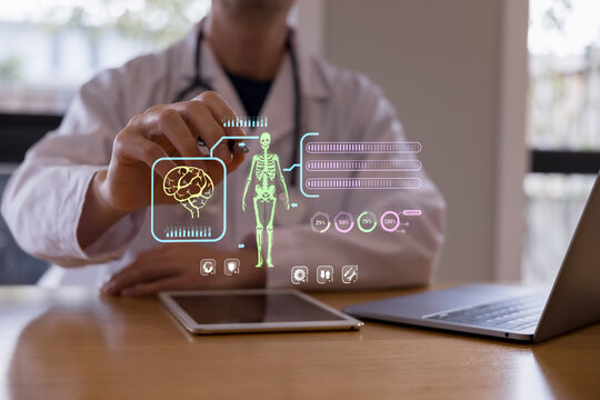Doctor using a tablet with digital healthcare interface showing human body and organ data, representing medical technology, patient monitoring, diagnosis, telemedicine smart hospital innovation.
