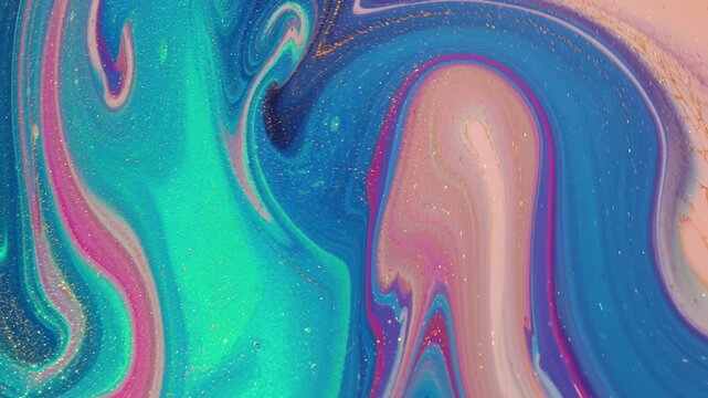 Abstract liquid marbling video, close-up angle, vibrant neon swirls and glittering texture. Live desktop wallpaper.