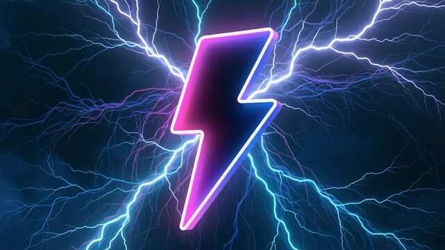 Glowing neon lightning bolt symbol with electrical arcs on dark background