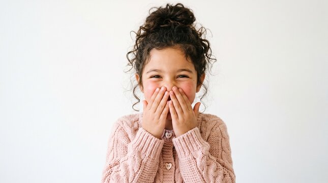 Close-up portrait of giggling young girl covering mouth with hand in shy playful moment on white background