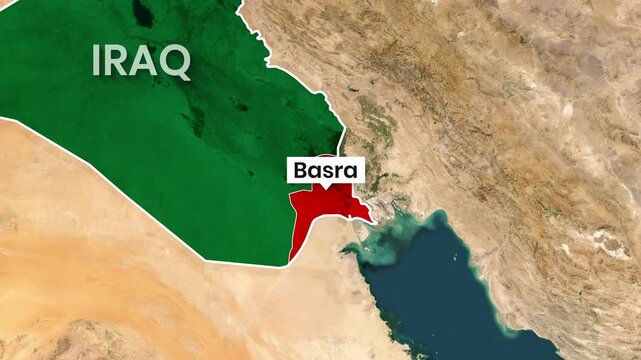 Geographic map animation showing Iraq with Basra highlighted and clear borders