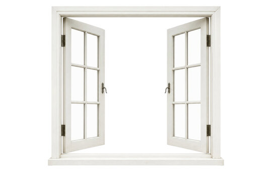 Classic white wooden window with two open sashes and visible brass hinges, offering a bright, inviting view
