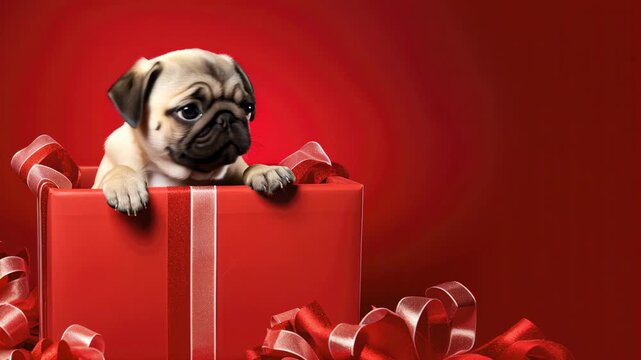 A pug puppy peeks from a red gift box against a red backdrop. Eye-level angle, perfect for a cute holiday video. Live desktop wallpaper.