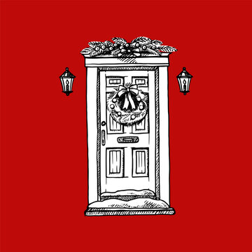 Vintage hand drawn house door. Traditional Christmas sketch. Holiday retro isolated vector illustration.