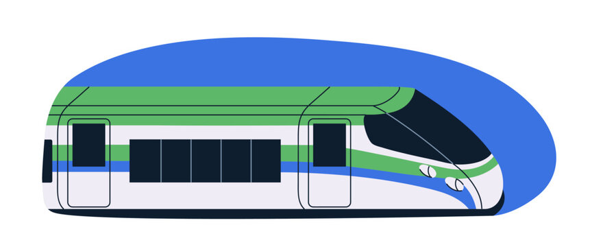 City metro train. Electric tram, light rail. Urban subway passenger public transport, side view. Railway, railroad vehicle travel. Flat vector illustration isolated on white background.