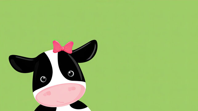 Playful cartoon cow with bow on green background