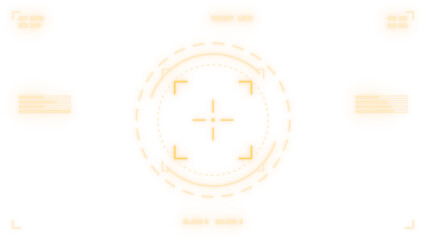 Futuristic AR HUD overlay, radial scanner display in amber orange, sci-fi user interface with side gauges and corner readouts on transparent background © zara