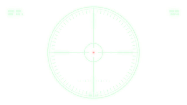 Military tactical scope overlay, circle dot reticle in neon green, sniper rifle sight with range and windage marks on transparent background