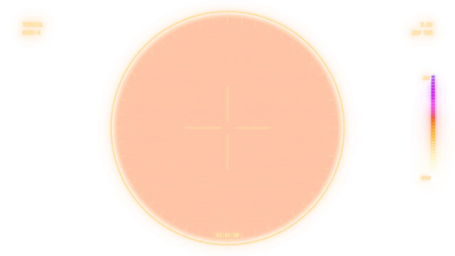 Night vision viewfinder overlay, heat imaging display in thermal orange, optical sight with scan lines and centre crosshair on transparent background