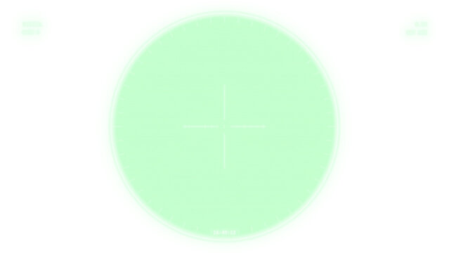 Night vision viewfinder overlay, circular optics view in lime green, optical sight with scan lines and centre crosshair on transparent background
