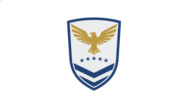 Patriotic military emblem featuring a gold eagle inside a white shield with navy blue stars and chevrons on white background.