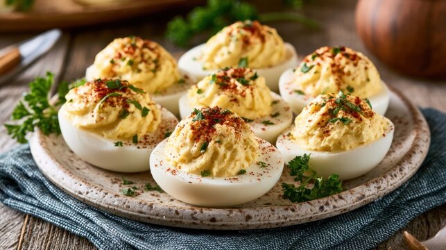 Classic deviled eggs with paprika and parsley on rustic plate