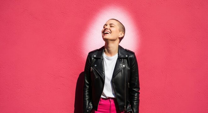 A young woman with a buzz cut laughing against a vibrant pink wall
