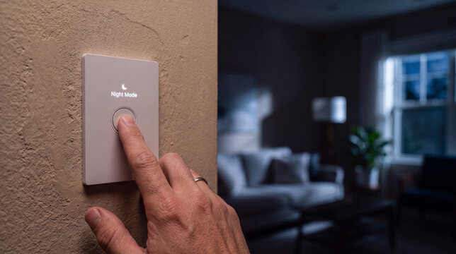 A finger presses the circular button on a matte wall switch displaying Night Mode next to a crescent moon icon, set against a dimly lit living room background.