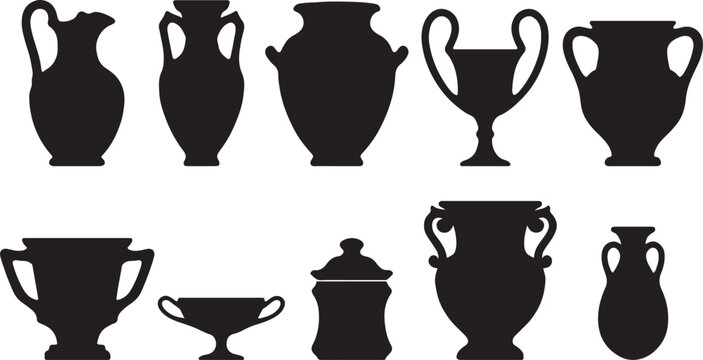 ancient antique pottery vase silhouette elements, historical vector set, classic ceramic graphics bundle, vase design collection, monochrome pottery elements, antique graphic components, ceramic urn s