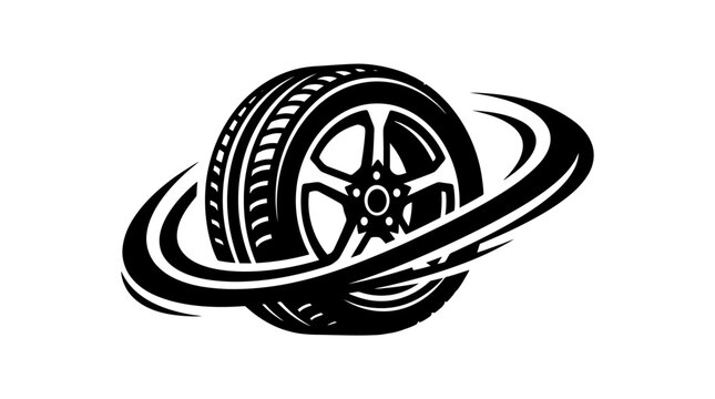 Black and white vector logo featuring a modern car wheel surrounded by dynamic spinning motion lines, perfect for automotive services, tire shops, and racing themes