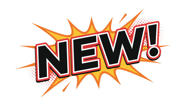 Colorful retro comic style text box displaying word new with yellow splash blast on a plain white background.