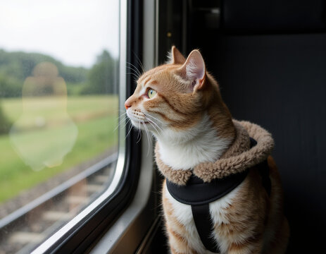 Cute Ginger Tabby Cat Wearing Harness Looking Out Passenger Train Window During Countryside Travel