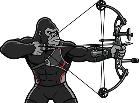 Strong gorilla character aiming a compound bow for archery sport