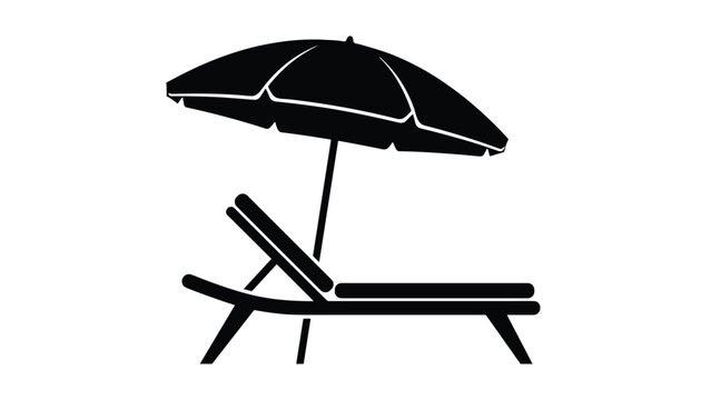 Black silhouette of a comfortable beach lounge chair shaded under a large opened parasol umbrella on white.