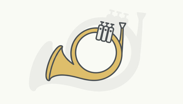 Flat design illustration of a golden french horn musical instrument on an off-white background with a soft shadow.