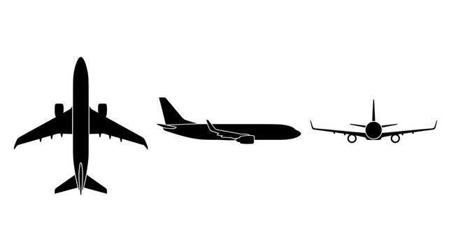 Commercial Airplane Silhouette Set with Front Side and Top Views Isolated PNG