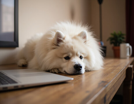 Adorable Fluffy White Dog Lying Down Next to Laptop Computer on Wooden Desk at Home Office