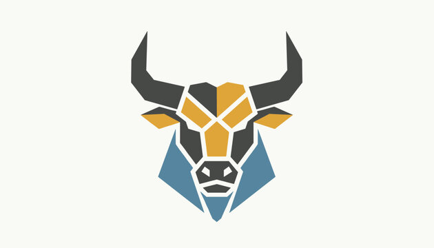 Modern geometric logo design of a bull head utilizing abstract polygon shapes in dark grey, gold, and blue colors.