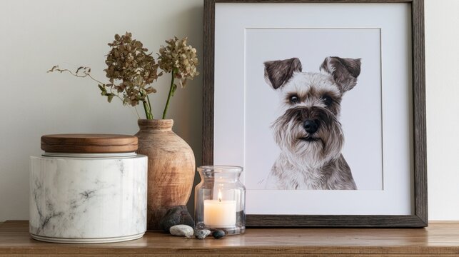 Cozy indoor vignette with framed schnauzer portrait dried hydrangeas and lit candle
